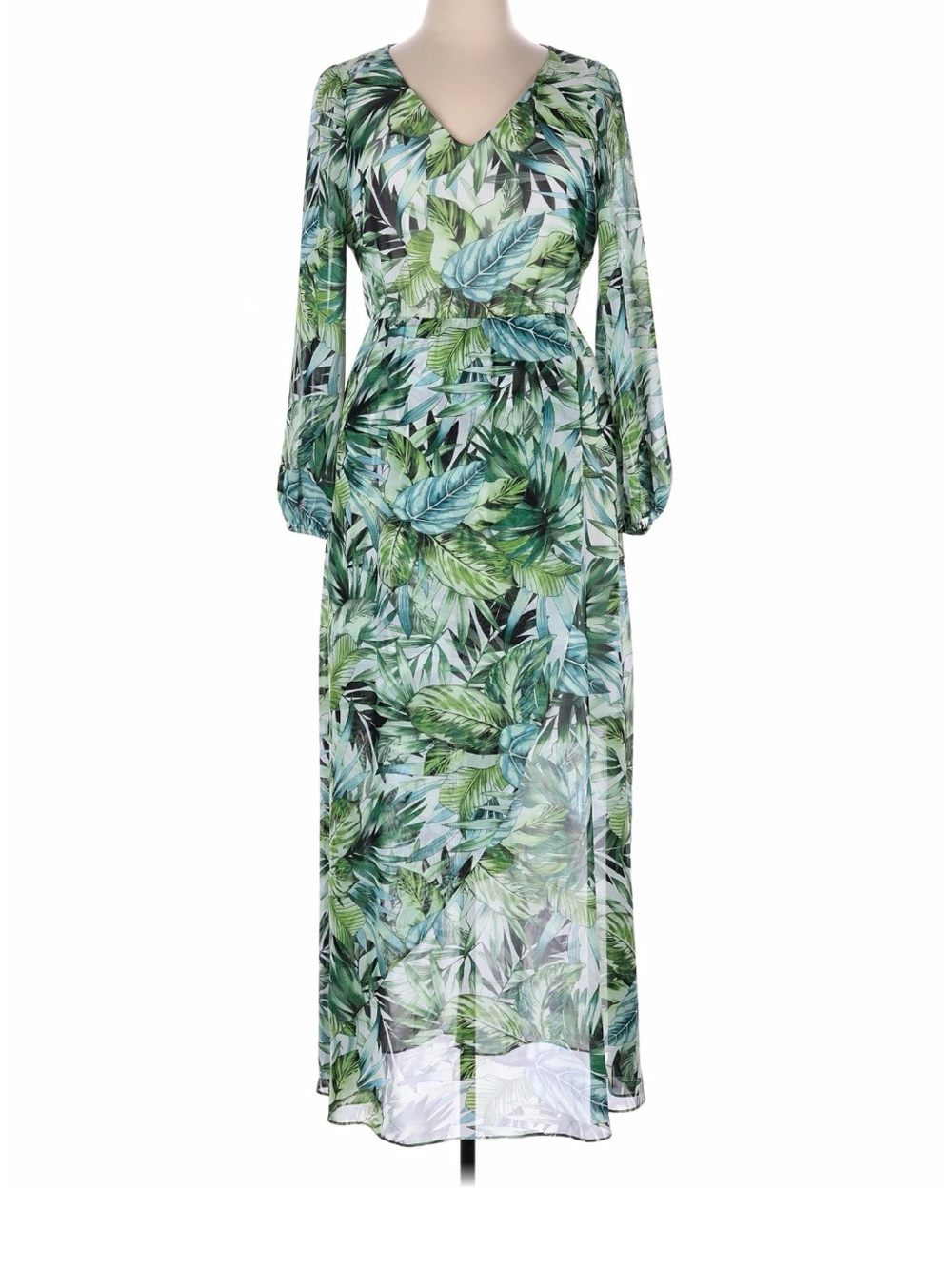 Nine West Green Leaf Print V-Neck Maxi Dress